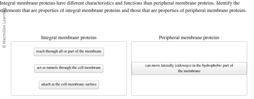 Macmillan Learning
Integral membrane proteins have different characteristics and functions than peripheral membrane proteins. Identify the
statements that are properties of integral membrane proteins and those that are properties of peripheral membrane proteins.
Integral membrane proteins
reach through all or part of the membrane
act as tunnels through the cell membrane
attach at the cell membrane surface
Peripheral membrane proteins
can move laterally (sideways) in the hydrophobic part of
the membrane