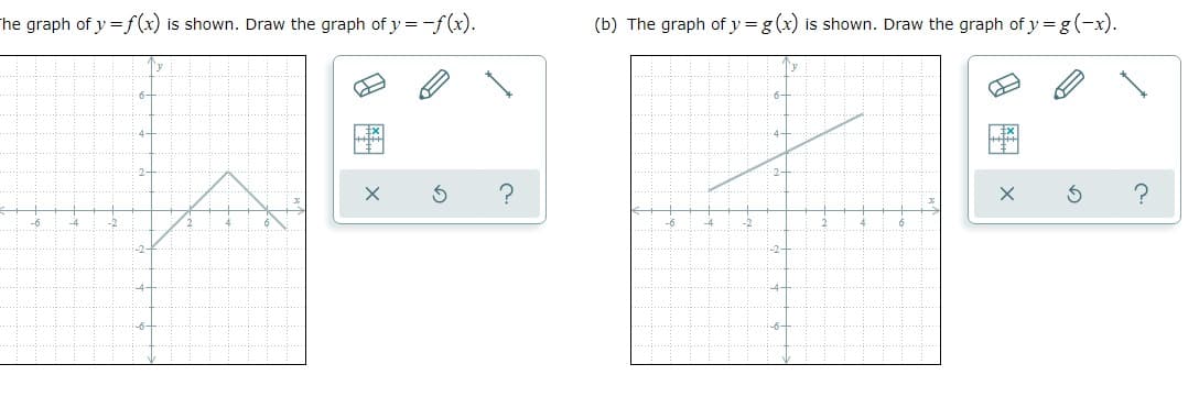 The graph of y=f(x) is shown. Draw the graph of y= -f(x).
?
2
X
(b) The graph of y = g(x) is shown. Draw the graph of y=g(-x).
?
-2-