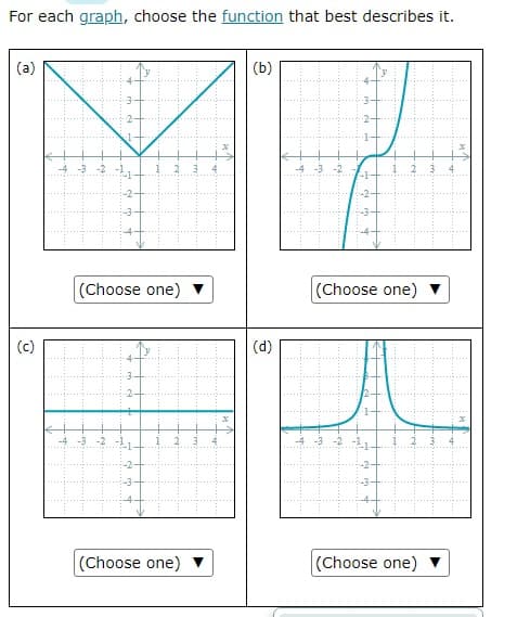 For each graph, choose the function that best describes it.
(a)
(b)
(Choose one)
(Choose one)
(Choose one)
(Choose one)
(c)
(d)