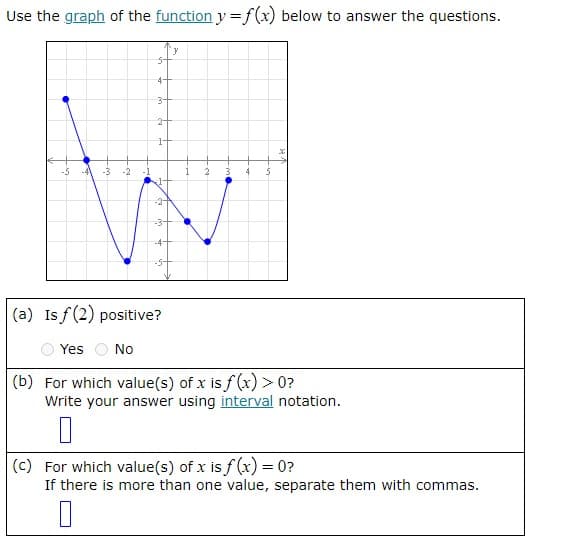 Use the graph of the function y=f(x) below to answer the questions.
y
5-
4-
3-
2+
1-
4
5
-24
-3+
-4+
(a) Is f(2) positive?
Yes No
(b) For which value(s) of x is f(x) > 0?
Write your answer using interval notation.
(c) For which value(s) of x is f(x) = 0?
If there is more than one value, separate them with commas.
0
-3
-2
-1
1
2
3