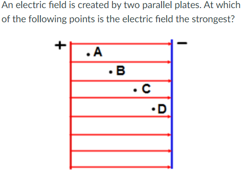 An electric field is created by two parallel plates. At which
of the following points is the electric field the strongest?
.A
.B
.C