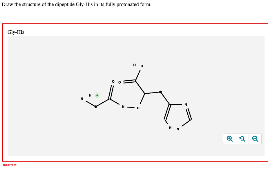 Draw the structure of the dipeptide Gly-His in its fully protonated form.
Gly-His
Incorrect
он
HN
3
२
Q