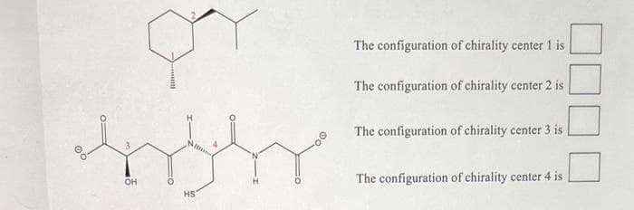 OH
HS
The configuration of chirality center 1 is
The configuration of chirality center 2 is
The configuration of chirality center 3 is
The configuration of chirality center 4 is