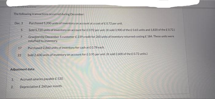 The following transactions occurred during December:
Dec. 3
Purchased 5,200 units of inventory on account at a cost of £ 0.72 per unit.
5.
Sold 5,720 units of inventory on account for £0.92 per unit. (It sold 3.900 of the E 0.65 units and 1,820 of the £0.72.)
7.
Granted the December 5 customer E 239 credit for 260 units of inventory returned costing E 184. These units were
retumed to inventory.
17
Purchased 2,860 units of inventory for cash at E0.78 each.
22
Sold 2.600 units of inventory on account for £0.95 per unit. (It sold 2.600 of the E0.72 units.)
Adjustment data:
1.
Accrued salaries payable £ 520.
2
Depreciation £ 260 per month.
