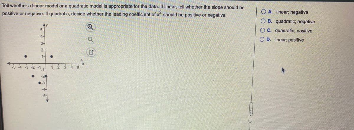 Tell whether a linear model or a quadratic model is appropriate for the data. If linear, tell whether the slope should be
positive or negative. If quadratic, decide whether the leading coefficient of x should be positive or negative.
O A. linear, negative
O B. quadratic; negative
O C. quadratic; positive
O D. linear; positive
3-
2-
-5 43 2
2.
3 4 5
20
-4-
