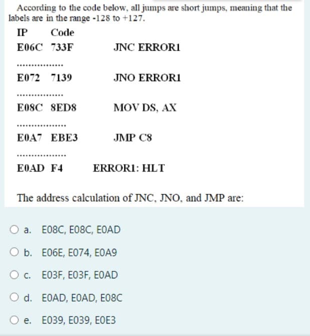 According to the code below, all jumps are short jumps, meaning that the
labels are in the range -128 to +127.
IP
Code
Е06C 733F
JNC ERRORI
E072 7139
JNO ERROR1
............
E08C 8ED8
MOV DS, AX
.....
ЕOA7 ЕВЕЗ
JMP C8
E0AD F4
ERRORI: HLT
The address calculation of JNC, JNO, and JMP are:
а. E08C, E08C, ЕOAD
O b. E06E, EO74, EOA9
с. ЕОЗF, ЕОЗF, EOAD
O d. EOAD, EOAD, E08C
О е.
Е039, EО39, EOEЗ
