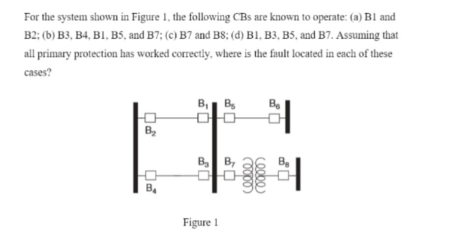 For the system shown in Figure 1, the following CBs are known to operate: (a) B1 and
B2; (b) B3, B4, B1, B5, and B7; (c) B7 and B8; (d) B1, B3, B5, and B7. Assuming that
all primary protection has worked correctly, where is the fault located in each of these
cases?
B,
B5
Be
B2
B3 B,
Bg
B4
Figure 1
