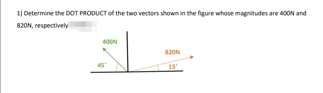 1) Determine the DOT PRODUCT of the two vectors shown in the figure whose magnitudes are 40ON and
820N, respectively.
400N
820N
45°
15°

