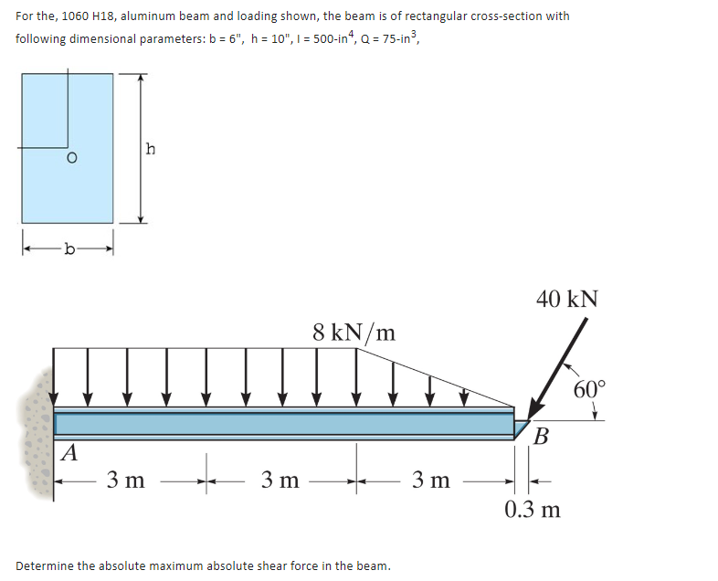 For the, 1060 H18, aluminum beam and loading shown, the beam is of rectangular cross-section with
following dimensional parameters: b = 6", h = 10", 1 = 500-in4, Q = 75-in³,
|b
A
h
3 m
3 m
8 kN/m
Determine the absolute maximum absolute shear force in the beam.
3 m
40 kN
B
0.3 m
60°