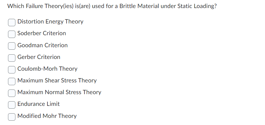 ### Failure Theories for Brittle Materials Under Static Loading

In materials science and engineering, understanding which failure theories apply to different types of materials under various loading conditions is crucial. Below is a list of commonly referenced failure theories. This particular selection focuses on their applicability to brittle materials under static loading conditions.

#### Question: 
Which Failure Theory(ies) is(are) used for a Brittle Material under Static Loading?

- [ ] Distortion Energy Theory
- [ ] Soderberg Criterion
- [ ] Goodman Criterion
- [ ] Gerber Criterion
- [ ] Coulomb-Mohr Theory
- [ ] Maximum Shear Stress Theory
- [ ] Maximum Normal Stress Theory
- [ ] Endurance Limit
- [ ] Modified Mohr Theory

This question aims to assess the understanding of different failure theories in the context of materials that are brittle and subjected to static loads. Brittle materials typically fail without significant plastic deformation, so certain theories are more applicable than others. For detailed clarification and understanding of each theory, continue studying the specific conditions and principles each theory is based upon.