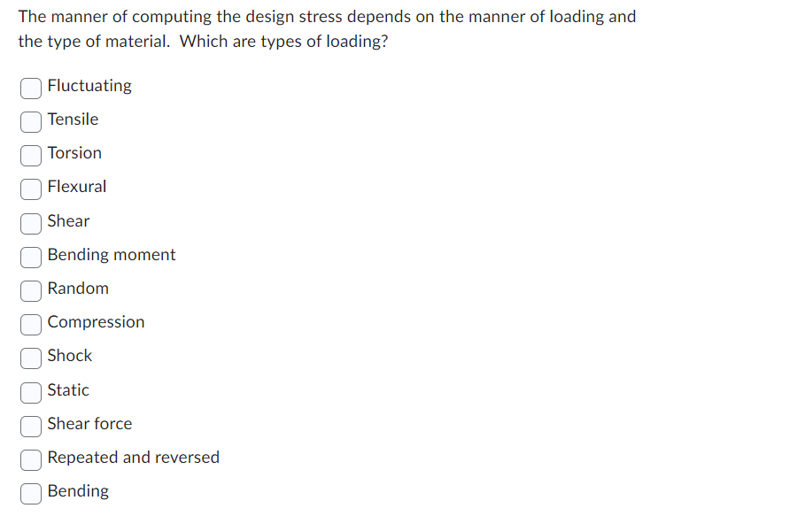 The manner of computing the design stress depends on the manner of loading and
the type of material. Which are types of loading?
Fluctuating
Tensile
Torsion
Flexural
Shear
Bending moment
Random
Compression
Shock
Static
Shear force
Repeated and reversed
Bending