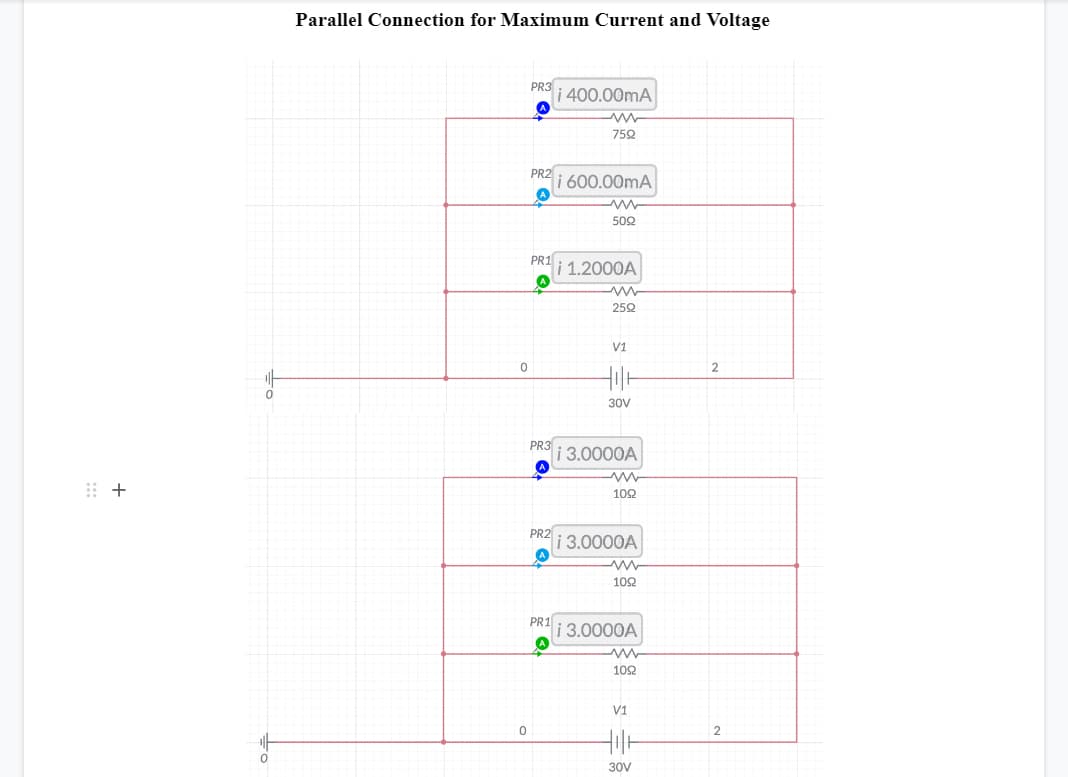 Parallel Connection for Maximum Current and Voltage
PR3 i 400.00mA
752
PR2
i 600.00mA
502
PR1
i 1.2000A
252
V1
2
30V
PR3
i 3.0000A
102
PR2 1 3.0000A
102
PR1
i 3.0000A
102
V1
30V
