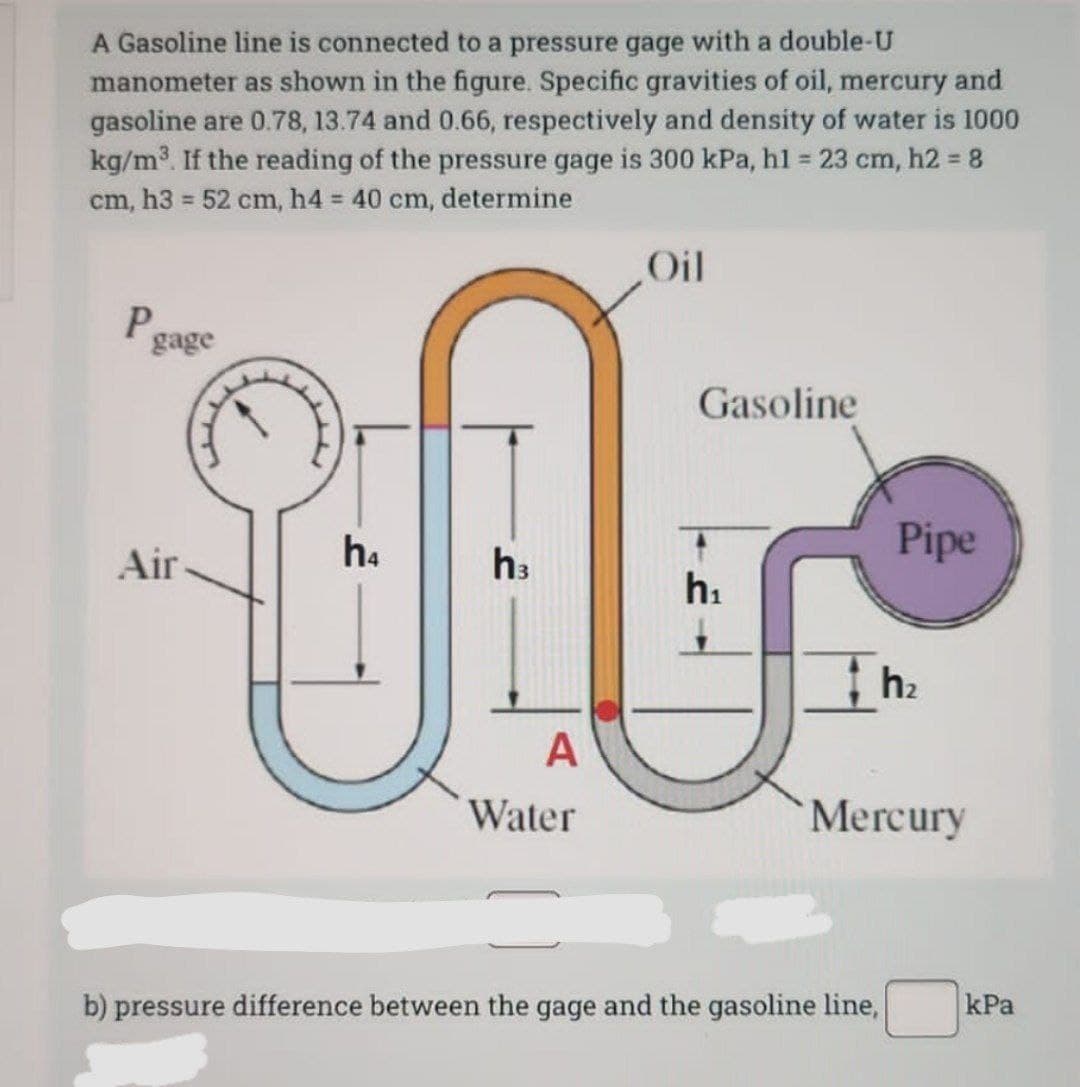 A Gasoline line is connected to a pressure gage with a double-U
manometer as shown in the figure. Specific gravities of oil, mercury and
gasoline are 0.78, 13.74 and 0.66, respectively and density of water is 1000
kg/m³. If the reading of the pressure gage is 300 kPa, h1 = 23 cm, h2 = 8
cm, h3 = 52 cm, h4 = 40 cm, determine
P
gage
Air
TTT
h4
h3
A
Water
Oil
Gasoline
h₁
Pipe
b) pressure difference between the gage and the gasoline line,
h₂
Mercury
kPa