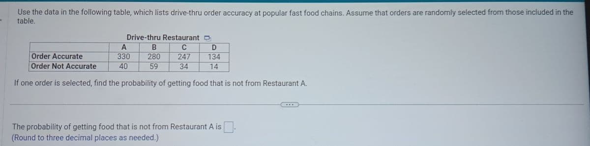 Use the data in the following table, which lists drive-thru order accuracy at popular fast food chains. Assume that orders are randomly selected from those included in the
table.
Drive-thru Restaurant
D
C
247
Order Accurate
134
Order Not Accurate
34
14
If one order is selected, find the probability of getting food that is not from Restaurant A.
A
330
40
B
280
59
The probability of getting food that is not from Restaurant A is
(Round to three decimal places as needed.)