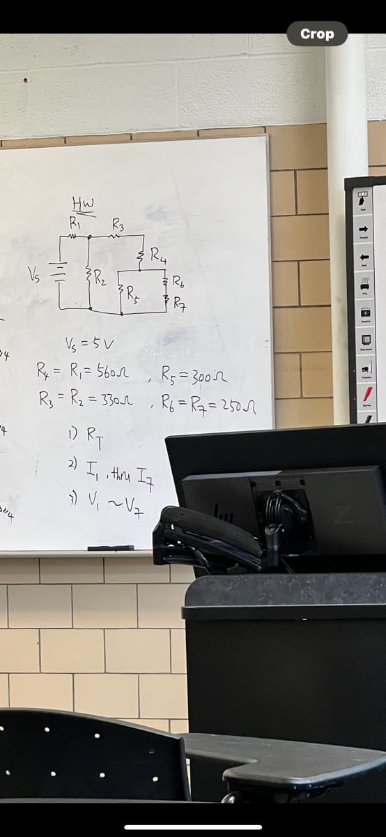 24
4
31/14
+'ll
HW
R₁
Vs=5v
R₁ = R₁ = 5602
R₂ = R₂ = 3302
1
R6
R5=30052
R6=R₂=25012
D) RT
2)
I, thru I7
>) V₁ ~ Vz
Crop
Bt
DTN