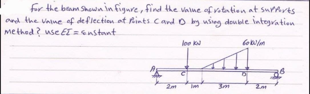 for the beam shown in figure, find the value of rotation at supports
and the value of deflection at Points Cand D by using double integration
method? use EI = sustant
loo KN
60kW/m
Im
2m
3m
2m