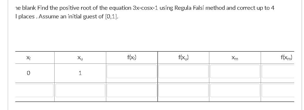 ne blank Find the positive root of the equation 3x-cosx-1 using Regula Falsi method and correct up to 4
I places . Assume an initial guest of [0,1].
Xi
Xu
f(x;)
f{x.)
Xm
f(xm)
1
