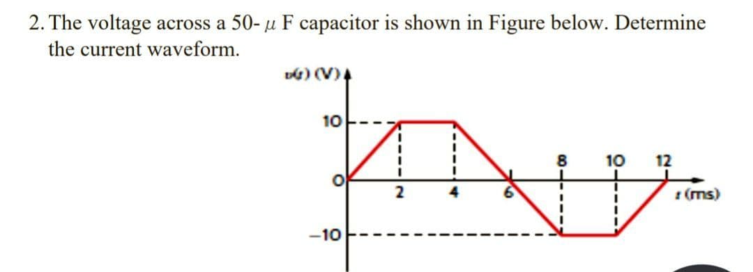 2. The voltage across a 50- u F capacitor is shown in Figure below. Determine
the current waveform.
10
10
12
2
1 (ms)
-10
