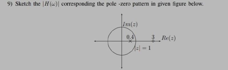 9) Sketch the |H (w)| corresponding the pole -zero pattern in given figure below.
Im(z)
0.4
3 Re(2)
%3D
