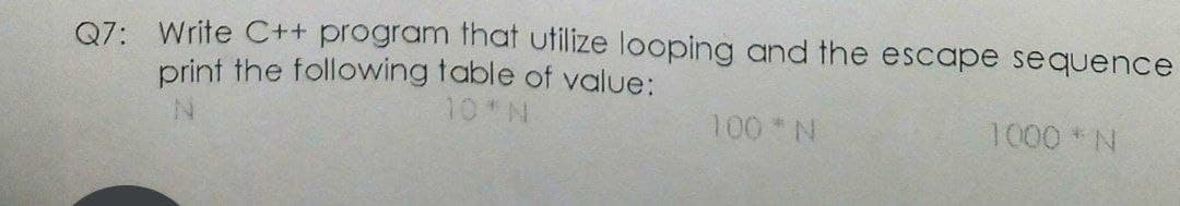 07: Write C++ program that utilize looping and the escape sequence
print the following table of value:
10 N
100 N
1000 * N
