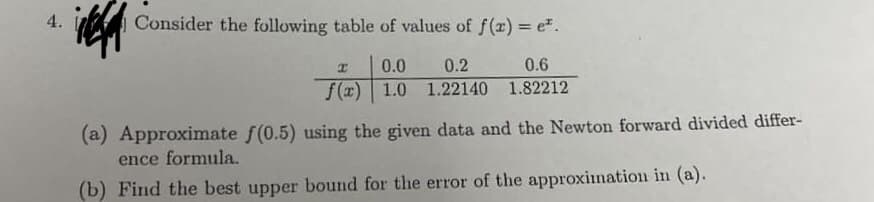 4.
Consider the following table of values of f(x) = e.
0.0
0.2
0.6
f(x)| 1.0 1.22140 1.82212
(a) Approximate f(0.5) using the given data and the Newton forward divided differ-
ence formula.
(b) Find the best upper bound for the error of the approxination in (a).
