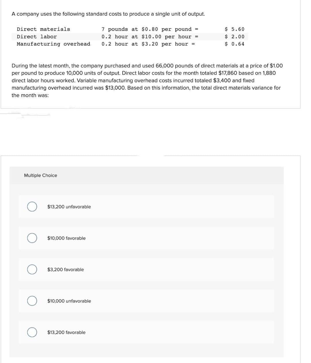 A company uses the following standard costs to produce a single unit of output.
7 pounds at $0.80 per pound =
0.2 hour at $10.00 per hour =
0.2 hour at $3.20 per hour =
Direct materials.
Direct labor
Manufacturing overhead
During the latest month, the company purchased and used 66,000 pounds of direct materials at a price of $1.00
per pound to produce 10,000 units of output. Direct labor costs for the month totaled $17,860 based on 1,880
direct labor hours worked. Variable manufacturing overhead costs incurred totaled $3,400 and fixed
manufacturing overhead incurred was $13,000. Based on this information, the total direct materials variance for
the month was:
Multiple Choice
$13,200 unfavorable
$10,000 favorable
$3,200 favorable
$10,000 unfavorable
$ 5.60
$ 2.00
$ 0.64
$13,200 favorable