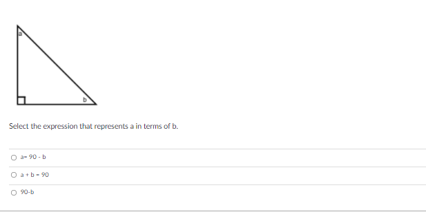 Select the expression that represents a in terms of b.
O a- 90 - b
O atb- 90
O 90-b
