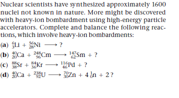 Nuclear scientists have synthesized approximately 1600
nuclei not known in nature. More might be discovered
with heavy-ion bombardment using high-energy particle
accelerators. Complete and balance the following reac-
tions, which involve heavy-ion bombardments:
(a) LI + Ni
(b) Ca + 2Cm
(c) Sr + Kr
(d) £Ca + U – Zn + 4 dn + 2?
– ?
147Sm + ?
84KT → 11épd + ?
96
36
46
70
304
238
