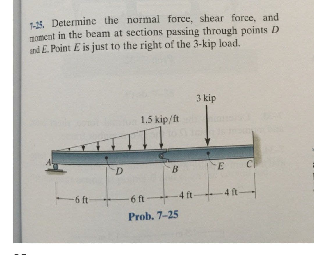 7-25. Determine the normal force, shear force, and
moment in the beam at sections passing through points D
and E. Point E is just to the right of the 3-kip load.
-6 ft-
+
D
1.5 kip/ft d
B
6 ft
Prob. 7-25
3 kip
4 ft--
E
4 ft-
C