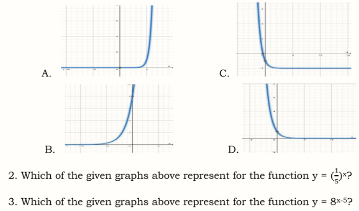 А.
С.
В.
D.
2. Which of the given graphs above represent for the function y = (-)*?
3. Which of the given graphs above represent for the function y = 8x-5?
A.
