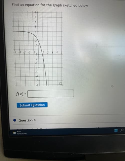 Find an equation for the graph sketched below
-54 -3 -2
-2-
f(x) =
Submit Question
Question 8
Partly sunny
