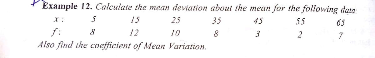 Èxample 12. Calculate the mean deviation about the mean for the following data:
5
15
25
35
45
55
65
f:
8.
12
10
3
7
Also find the coefficient of Mean Variation.
