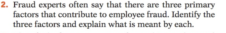 2. Fraud experts often say that there are three primary
factors that contribute to employee fraud. Identify the
three factors and explain what is meant by each.
