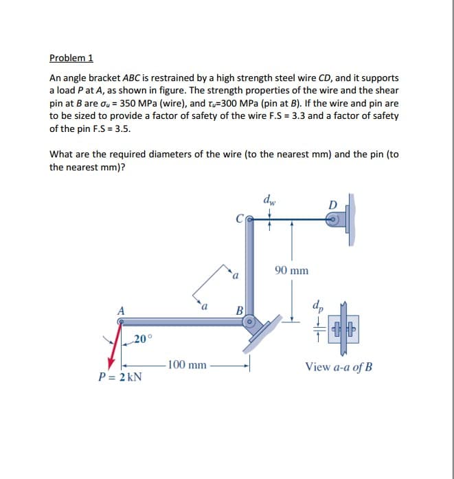 Problem 1
An angle bracket ABC is restrained by a high strength steel wire CD, and it supports
a load P at A, as shown in figure. The strength properties of the wire and the shear
pin at B are ou = 350 MPa (wire), and tu=300 MPa (pin at B). If the wire and pin are
to be sized to provide a factor of safety of the wire F.S = 3.3 and a factor of safety
of the pin F.S = 3.5.
What are the required diameters of the wire (to the nearest mm) and the pin (to
the nearest mm)?
90 mm
A
B
20°
-100 mm
View a-a of B
P= 2 kN
