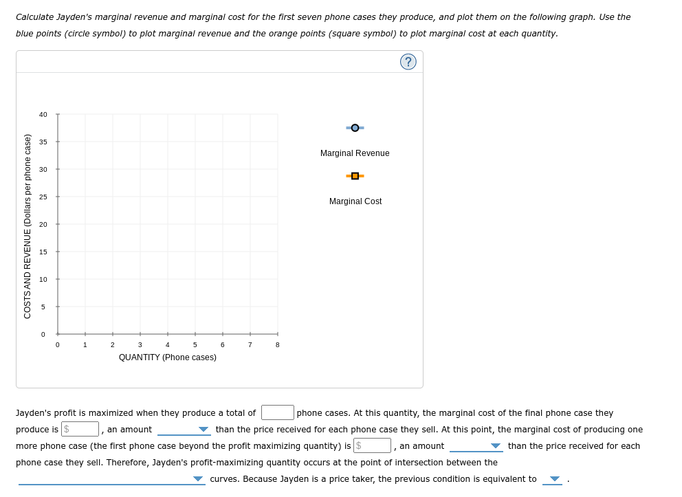 Calculate Jayden's marginal revenue and marginal cost for the first seven phone cases they produce, and plot them on the following graph. Use the
blue points (circle symbol) to plot marginal revenue and the orange points (square symbol) to plot marginal cost at each quantity.
(?
COSTS AND REVENUE (Dollars per phone case)
40
35
30
25
20
15
10
0
0
1
2 3
4 5
QUANTITY (Phone cases)
6
7
8
Marginal Revenue
O
Marginal Cost
Jayden's profit is maximized when they produce a total of
produce is $
an amount
phone cases. At this quantity, the marginal cost of the final phone case they
than the price received for each phone case they sell. At this point, the marginal cost of producing one
more phone case (the first phone case beyond the profit maximizing quantity) is $
an amount
than the price received for each
phone case they sell. Therefore, Jayden's profit-maximizing quantity occurs at the point of intersection between the
▼curves. Because Jayden is a price taker, the previous condition is equivalent to