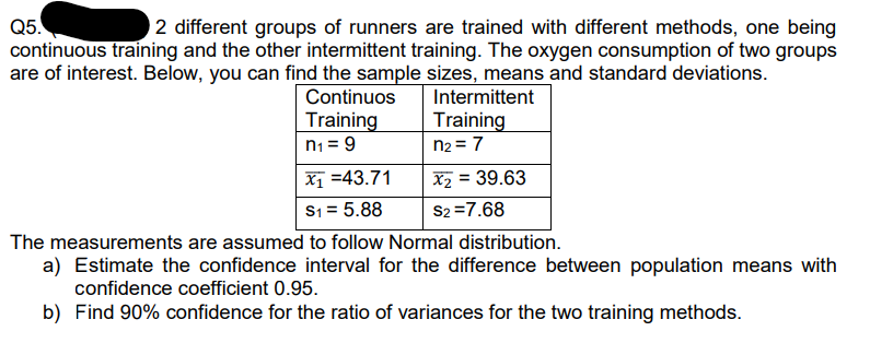 Q5.
continuous training and the other intermittent training. The oxygen consumption of two groups
2 different groups of runners are trained with different methods, one being
are of interest. Below, you can find the sample sizes, means and standard deviations.
Continuos
Training
n1 = 9
Intermittent
Training
n2 = 7
Xī =43.71
X2 = 39.63
S1 = 5.88
S2 =7.68
The measurements are assumed to follow Normal distribution.
a) Estimate the confidence interval for the difference between population means with
confidence coefficient 0.95.
b) Find 90% confidence for the ratio of variances for the two training methods.
