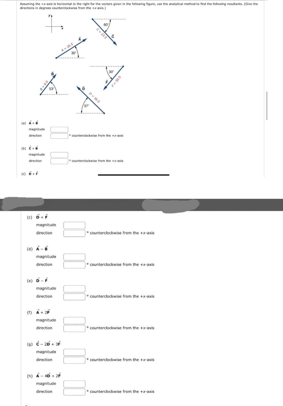 Assuming the +x-axis is horizontal to the right for the vectors given in the following figure, use the analytical method to find the following resultants. (Give the
directions in degrees counterclockwise from the +x-axis.)
(a) A + B
magnitude
direction.
(b) C+ B
magnitude
direction.
(c) D + F
B = 8.0
(C) D+ F
magnitude
direction
(d) A-B
53
magnitude.
direction
(e) D-F
magnitude
direction
(f) A + 2F
magnitude
direction.
(g) C-2D + 3F
magnitude
direction
(h) A-4D + 2F
magnitude
direction
A = 20.5
30°
D
37
C = 23.5
60°
D = 30.5
č
30°
F = 30.5
counterclockwise from the +x-axis
counterclockwise from the +x-axis
counterclockwise from the +x-axis
counterclockwise from the +x-axis
counterclockwise from the +x-axis
counterclockwise from the +x-axis
counterclockwise from the +x-axis
counterclockwise from the +x-axis