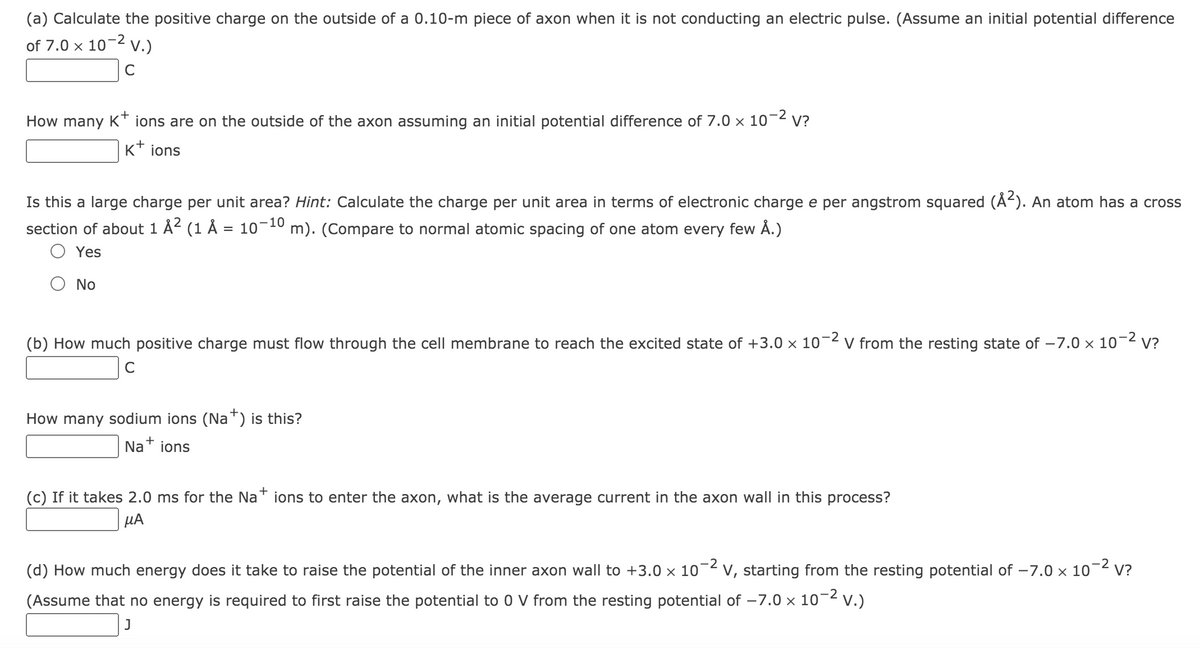 (a) Calculate the positive charge on the outside of a 0.10-m piece of axon when it is not conducting an electric pulse. (Assume an initial potential difference
-2
of 7.0 x 10 v.)
C
How many K* ions are on the outside of the axon assuming an initial potential difference of 7.0 x 10-2 v?
K* ions
Is this a large charge per unit area? Hint: Calculate the charge per unit area in terms of electronic charge e per angstrom squared (Å<). An atom has a cross
section of about 1 Å2 (1 Å = 10-10 m). (Compare to normal atomic spacing of one atom every few Å.)
Yes
No
(b) How much positive charge must flow through the cell membrane to reach the excited state of +3.0 × 10¬2
V from the resting state of –7.0 x 10-2 v?
How many sodium ions (Na+) is this?
Nat ions
(c) If it takes 2.0 ms for the NaT ions to enter the axon, what is the average current in the axon wall in this process?
µA
-2
(d) How much energy does it take to raise the potential of the inner axon wall to +3.0 x 10 v, starting from the resting potential of -7.0 x 10-2 v?
(Assume that no energy is required to first raise the potential to 0 V from the resting potential of –7.0 x 10-2 V.)
