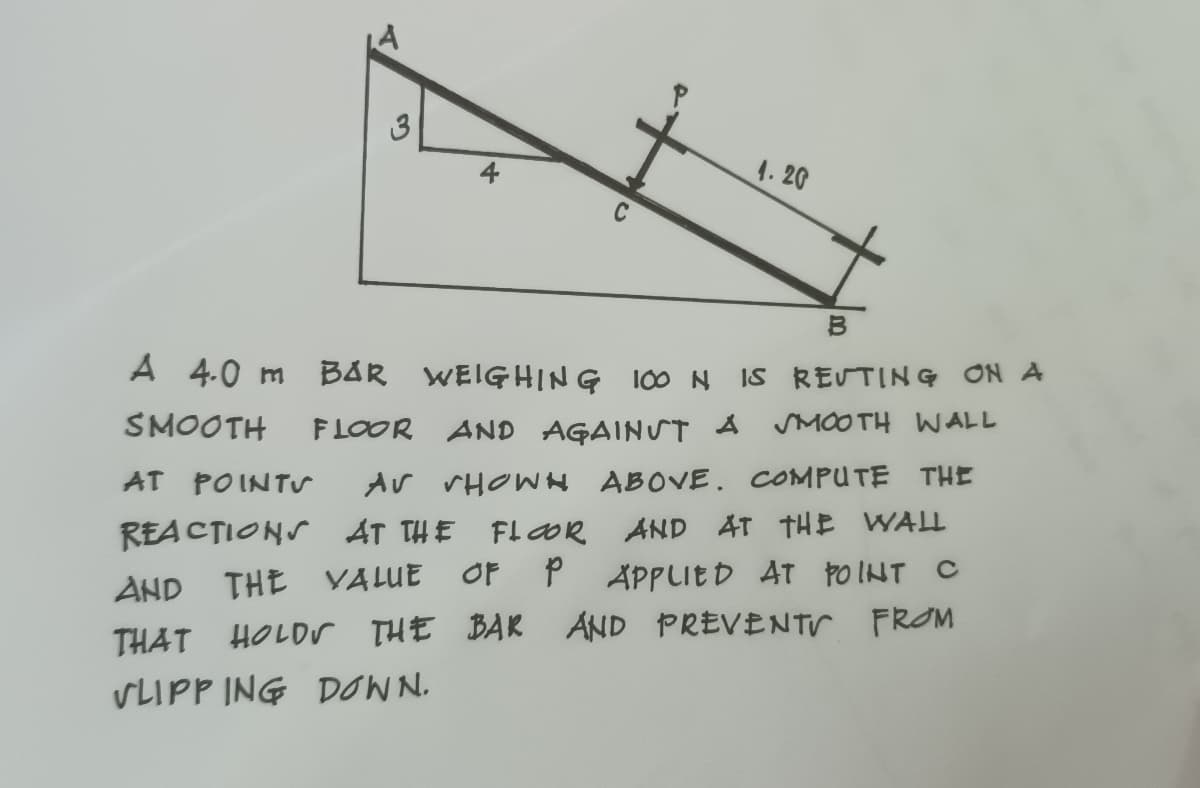 A
3
4
4. 20
A 4.0 m
BAR WEIGHING 100 N IS REUTING ON A
SMOOTH
FLOOR AND AGAINUT A
MOO TH WALL
AT POINTr
AV VHOWH ABOVE. COMPUTE THE
REA CTIONS AT THE FLCOR AND AT tHE WALL
P ÅPPLIED AT ro lNT C
OF
AND THE VALUE
THAT HOLDVr THE BAR AND PREVENTV FROM
VLIPP ING DOW N.
