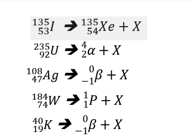 135
53
54Xe + X
235U →a + X
4
108
47Ag →B + X
-ß + x
184w →P+ X
ß +x
40
19K → ß + X
