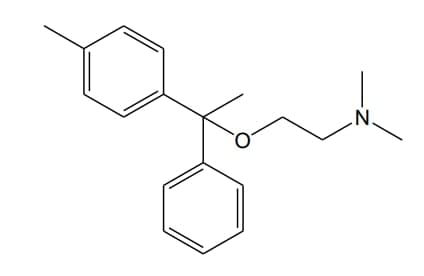 The image depicts the chemical structure of the compound Diphenhydramine, which is commonly used as an antihistamine for relieving allergy symptoms, as a sleep aid, and to alleviate motion sickness.

**Structure Explanation:**
- **Core Skeleton:** The structure consists of a central oxygen atom (O) connected to a two-carbon chain (ethanolamine backbone), which further connects to a nitrogen atom (N).
- **Substituents:**
  - On the left side, the central carbon is connected to two benzene rings (phenyl groups).
  - On the right side, the nitrogen atom is bonded to two methyl groups (dimethylamine).

**Chemical Representation:**
- **Benzene Rings:** Represented by two hexagonal rings, each with alternating double bonds, indicating the aromatic nature.
- **Ethanolamine Backbone:** The central part of the structure where the oxygen atom is attached to a carbon, followed by another carbon connecting to the nitrogen.
- **Dimethylamine Group:** The nitrogen on the far right is bonded to two methyl groups, denoted by single lines ending in short lines, indicative of carbon atoms bonded to three hydrogen atoms each.

This structural representation helps in understanding the arrangement of various functional groups within the Diphenhydramine molecule and is crucial for comprehending its pharmacological properties and synthesis pathways.