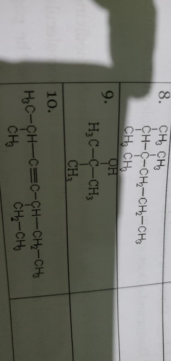 8.
CH, CH
CH-C-CH,-CHh-CH
CH CH
9.
H3C-C-CH3
CH2
10.
H&C-CH-C=C-CH-CH-CH
CH-CH3
