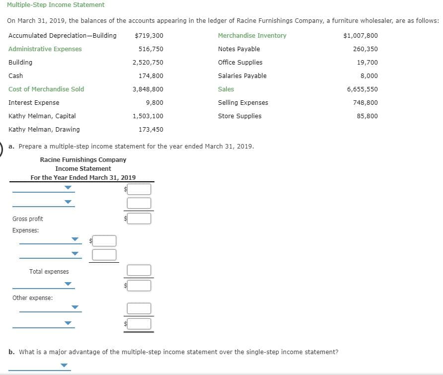 Multiple-Step Income Statement
On March 31, 2019, the balances of the accounts appearing in the ledger of Racine Furnishings Company, a furniture wholesaler, are as follows:
Accumulated Depreciation-Building
Merchandise Inventory
$719,300
$1,007,800
Administrative Expenses
Notes Payable
260,350
516,750
Building
Office Supplies
2,520,750
19,700
Cash
174,800
Salaries Payable
8,000
Cost of Merchandise Sold
Sales
3,848,800
6,655,550
Interest Expense
9,800
Selling Expenses
748,800
Store Supplies
Kathy Melman, Capital
1,503,100
85,800
Kathy Melman, Drawing
173,450
a. Prepare a multiple-step income statement for the year ended March 31, 2019
Racine Furnishings Company
Income Statement
For the Year Ended March 31, 2019
Gross profit
Expenses:
Total expenses
Other expense:
b. What is a major advantage of the multiple-step income statement over the single-step income statement?
