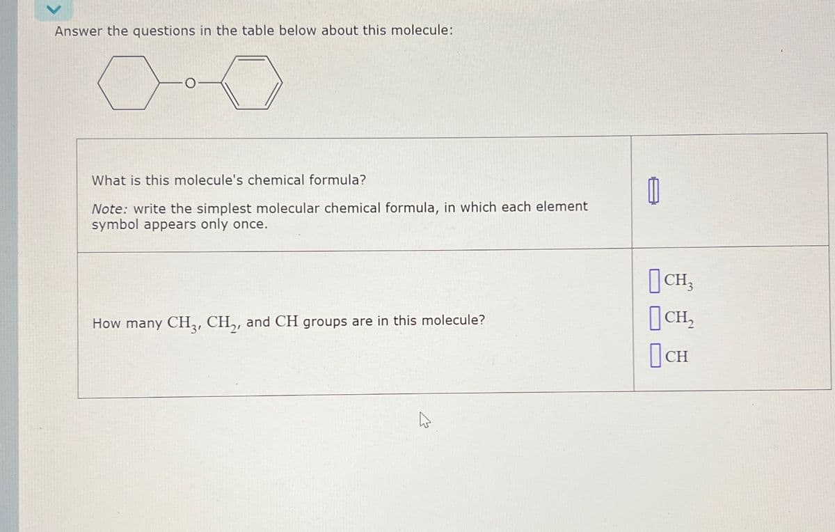 Answer the questions in the table below about this molecule:
0
What is this molecule's chemical formula?
Note: write the simplest molecular chemical formula, in which each element
symbol appears only once.
How many CH3, CH₂, and CH groups are in this molecule?
CH₂
CH₂
CH