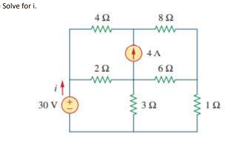 » Solve for i.
30 V
4Ω
www
ΣΩ
www
8 Ω
www
(D) 44
www
σΩ
www
3 Ω
ΤΩ