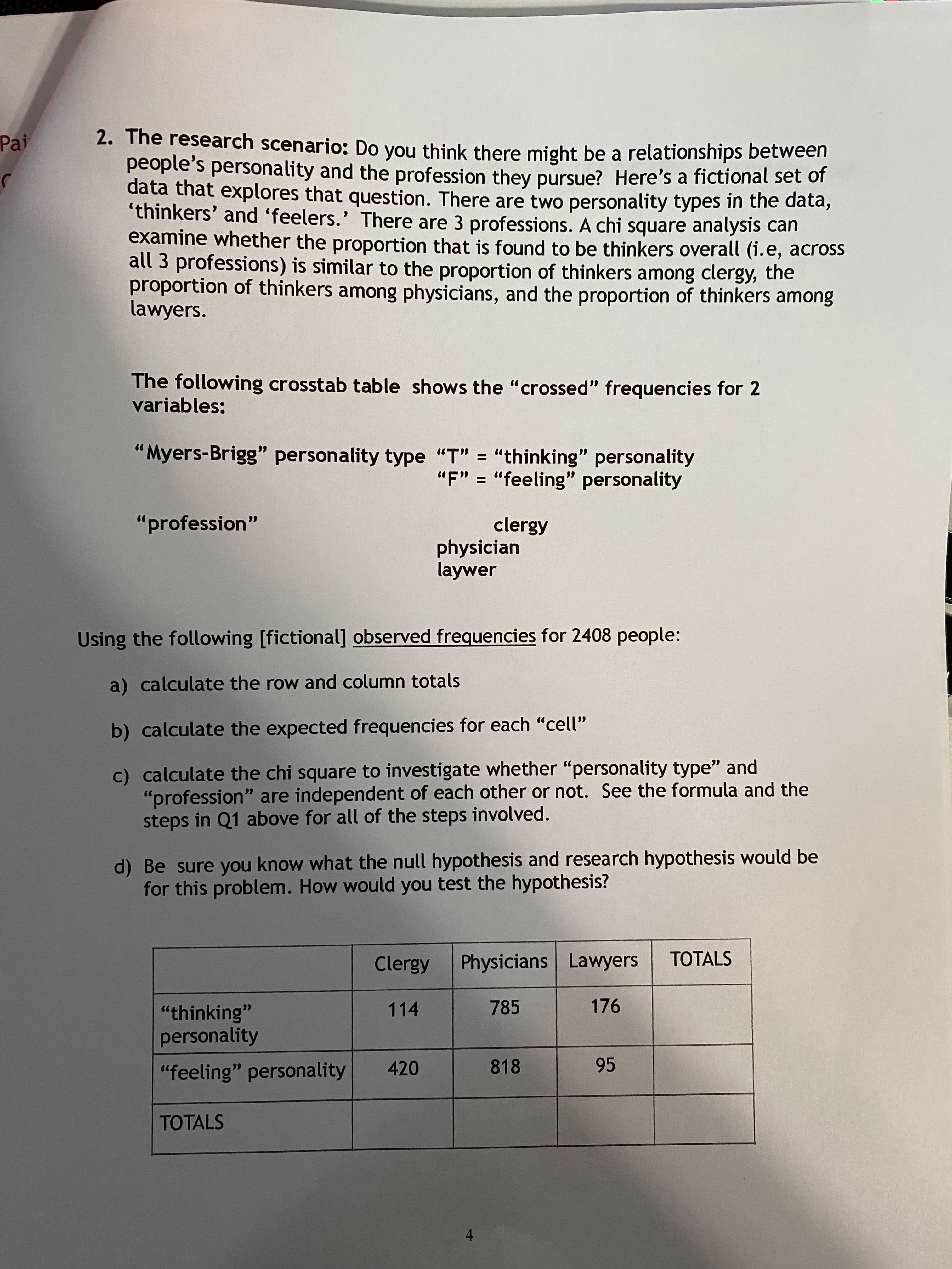 a) calculate the row and column totals
b) calculate the expected frequencies for each "cell"
c) calculate the chi square to investigate whether "personality type" and
"profession" are independent of each other or not. See the formula and the
steps in Q1 above for all of the steps involved.
