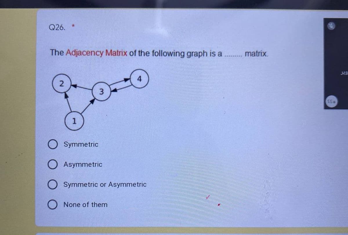 Q26. *
The Adjacency Matrix of the following graph is a
2
go
3
1
Symmetric
Asymmetric
Symmetric or Asymmetric
O None of them
matrix.
65+
ویر