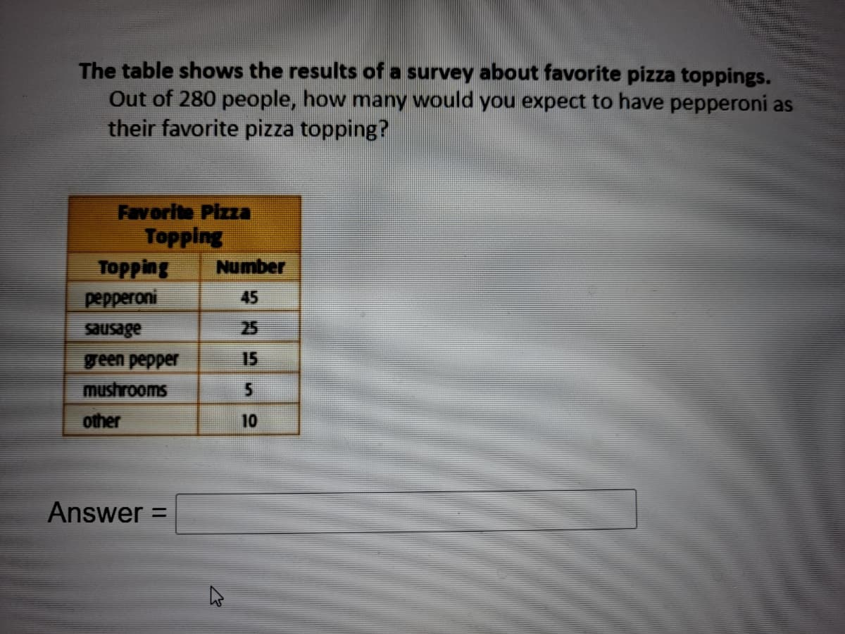 The table shows the results of a survey about favorite pizza toppings.
Out of 280 people, how many would you expect to have pepperoni as
their favorite pizza topping?
Favorite Pizz
Topping
Number
Тоpping
реpperoni
45
sausage
25
geen pepper
mushrooms
15
other
10
Answer =
