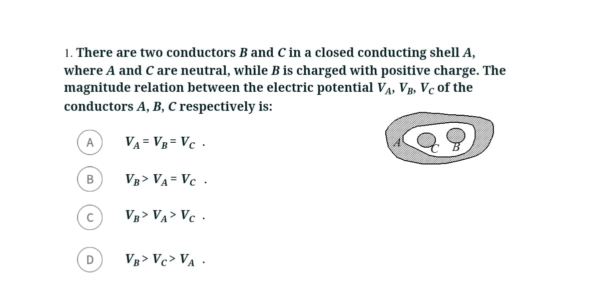 1. There are two conductors B and C in a closed conducting shell A,
where A and C are neutral, while B is charged with positive charge. The
magnitude relation between the electric potential VĄ, VB, Vc 0of the
conductors A, B, C respectively is:
A
VA = Vg = Vc .
В
VB> VA = Vc .
C
VB> VA> Vc .
VB> Vc> VA -
