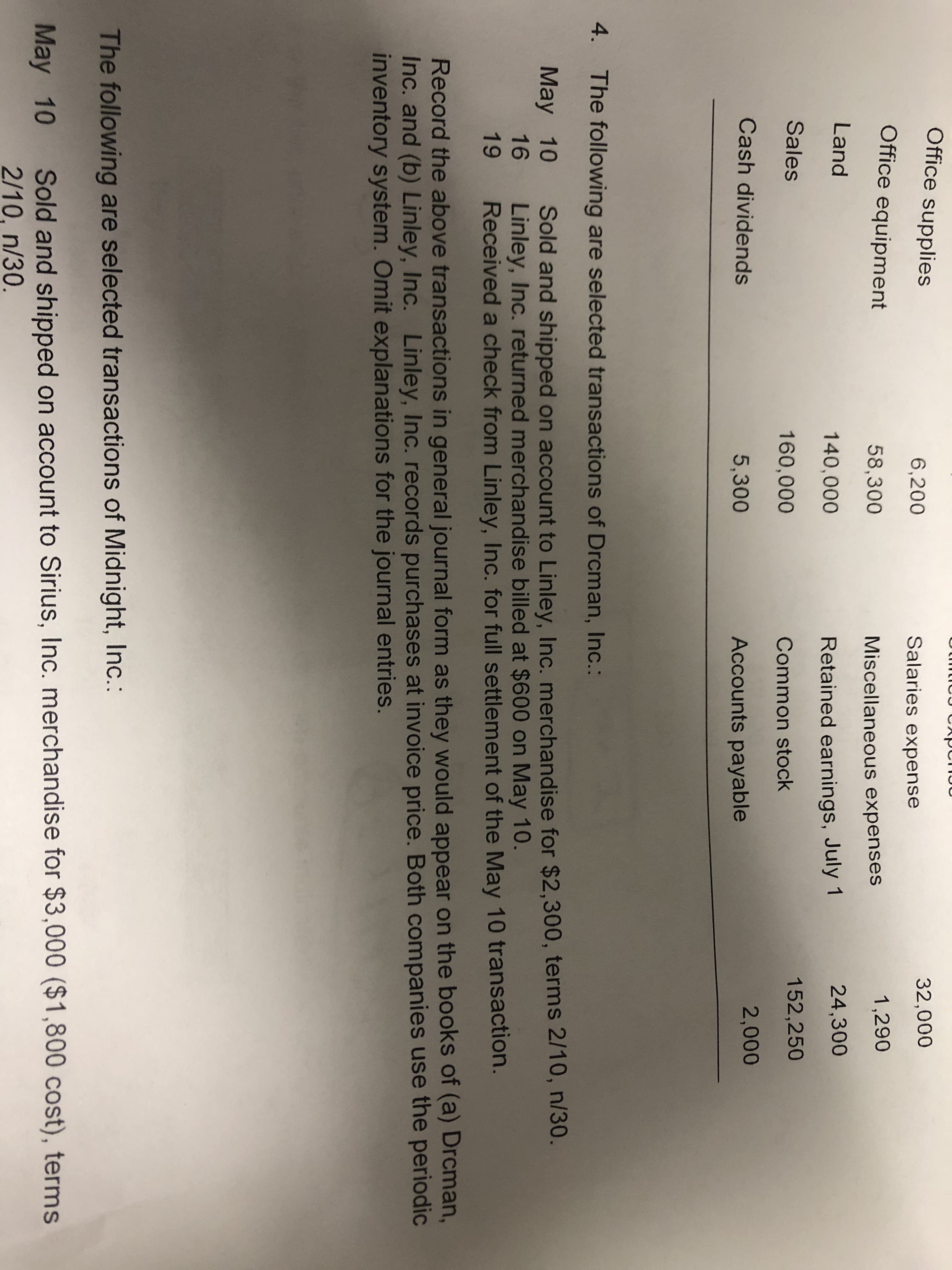 Office supplies
6,200
Salaries expense
32,000
Office equipment
58,300
1,290
Miscellaneous expenses
Land
24,300
140,000
Retained earnings, July 1
Sales
152,250
160,000
Common stock
Cash dividends
5,300
Accounts payable
2,000
4.
The following are selected transactions of Drcman, Inc.:
May 10
16
Sold and shipped on account to Linley, Inc. merchandise for $2,300, terms 2/10, n/30.
Linley, Inc. returned merchandise billed at $600 on May 10.
Received a check from Linley, Inc. for full settlement of the May 10 transaction.
19
Record the above transactions in general journal form as they would appear on the books of (a) Drcman,
Inc. and (b) Linley, Inc. Linley, Inc. records purchases at invoice price. Both companies use the periodic
inventory system. Omit explanations for the journal entries.
The following are selected transactions of Midnight, Inc.:
Sold and shipped on account to Sirius, Inc. merchandise for $3,000 ($1,800 cost), terms
2/10, n/30.
May 10
